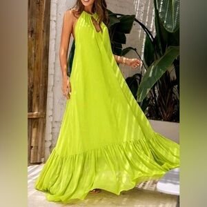 Elegant Lime Green Open back halter dress‎ with drawstring